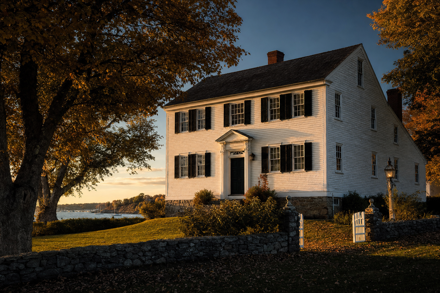 A historic New England colonial farmhouse at golden hour, framed by autumn trees and a stone wall.