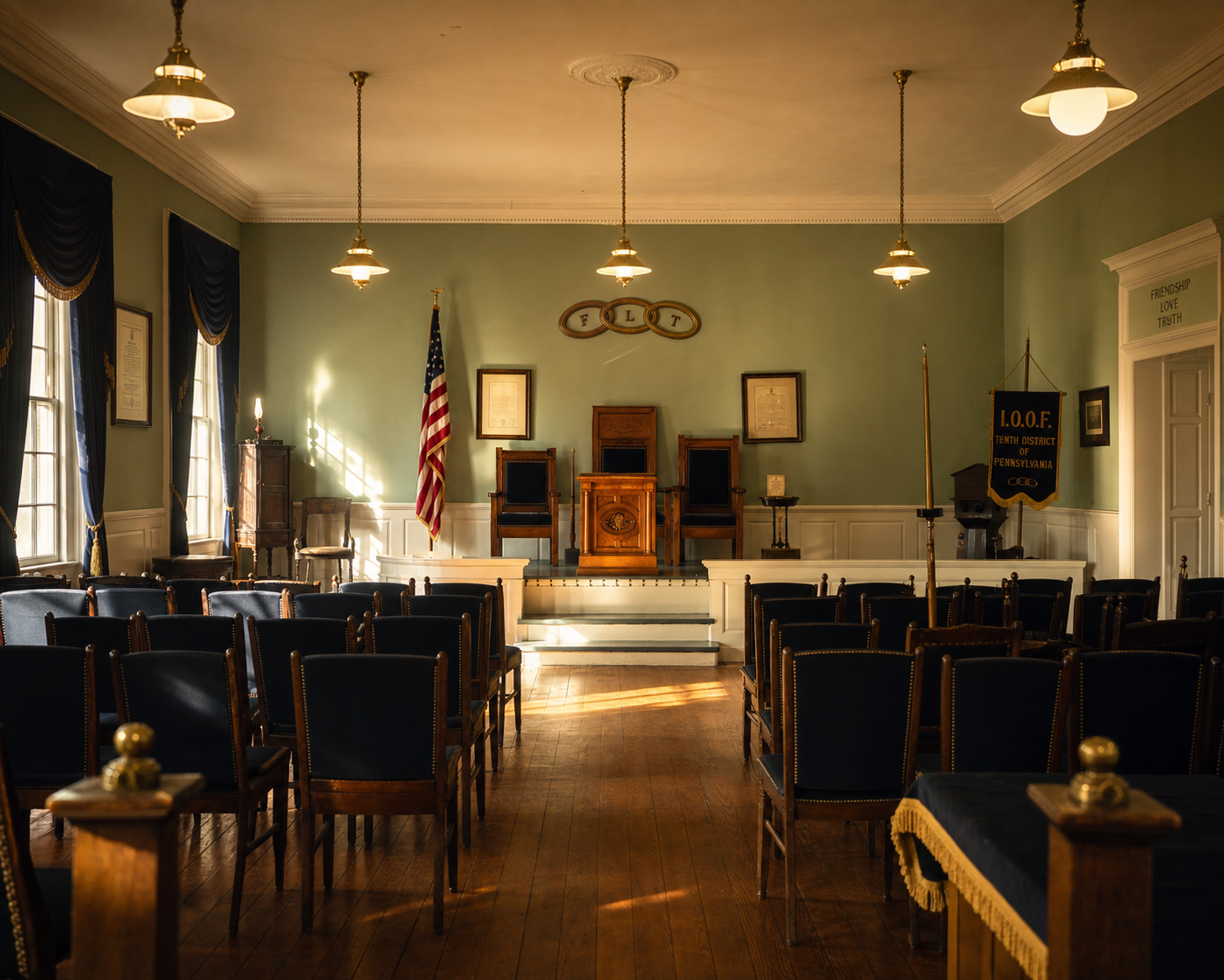 The interior of Kearsarge Lodge hall — sage walls, wooden chairs, brass pendant lights, and the F·L·T emblem above the dais.