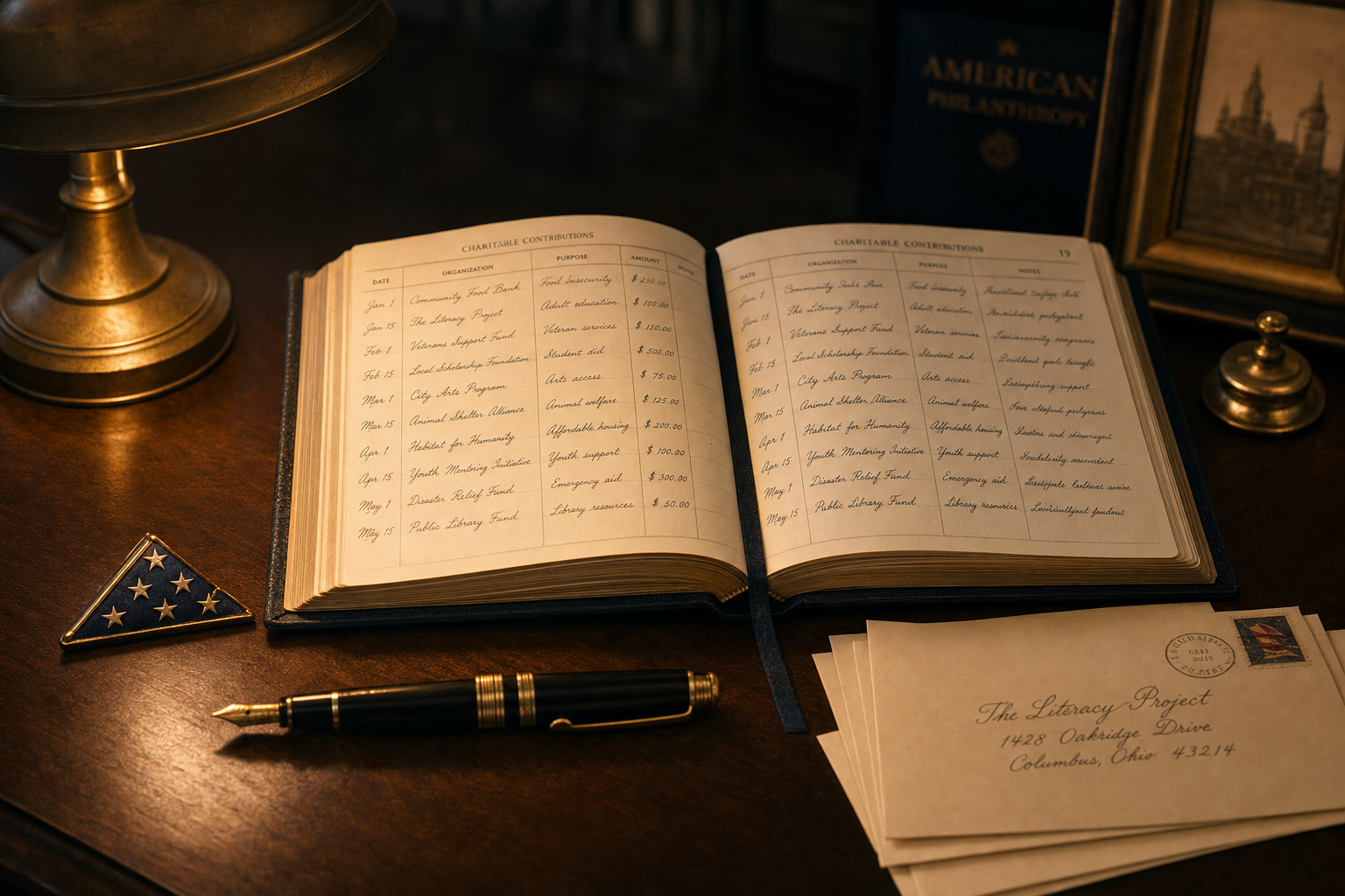 An open ledger of charitable contributions on a dark wooden desk, lit by a brass lamp, with a fountain pen and envelopes.