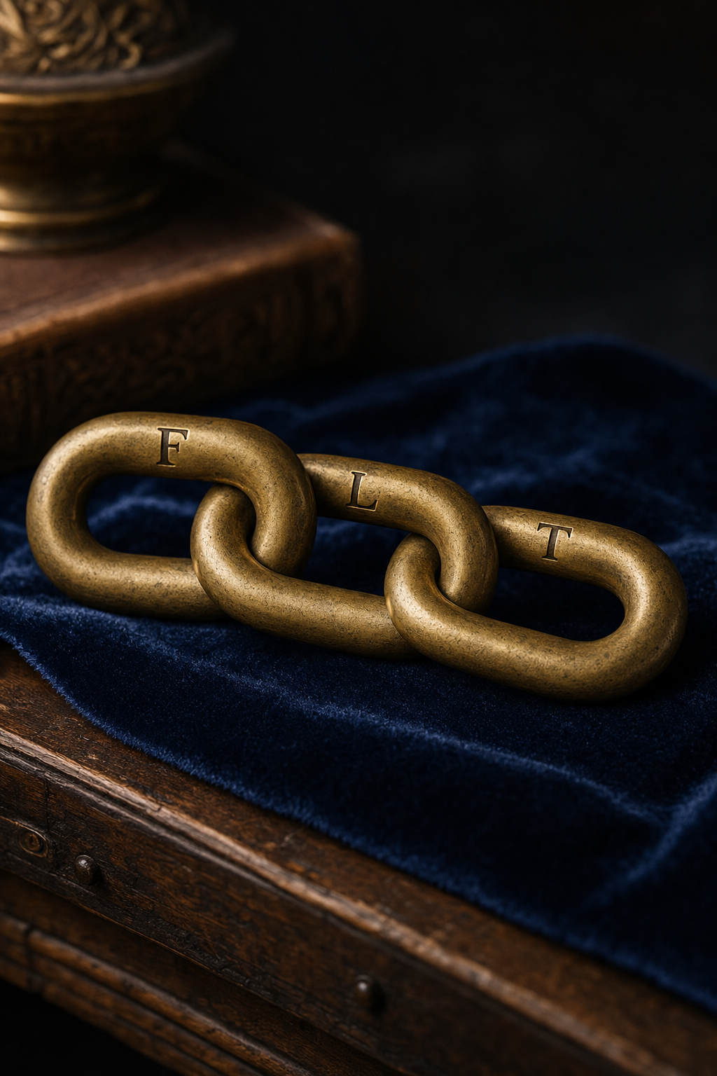 Three brass chain links engraved with F, L, and T resting on dark navy velvet.